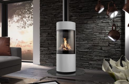 BIOJAQ-DRU-PASSO-CINZA Salamandra a gás de porta redonda com revestimento cinza